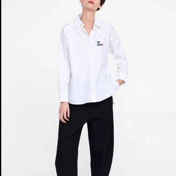 Zara NWT white button-down shirt with logo details - Picture 3 of 6